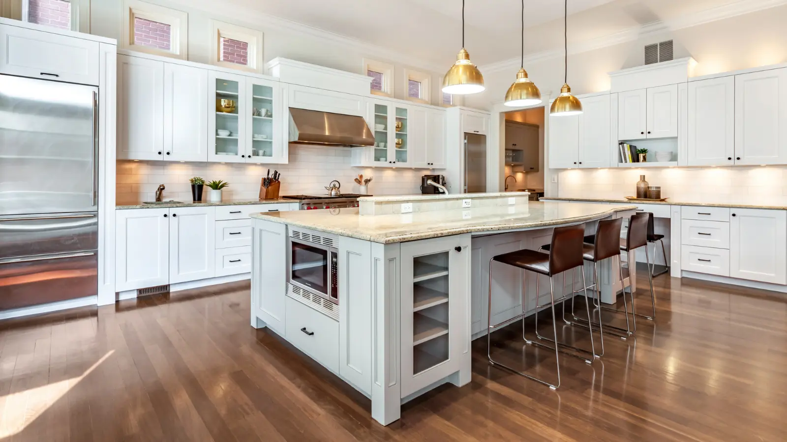 Beige and Tan Countertops with white cabinets