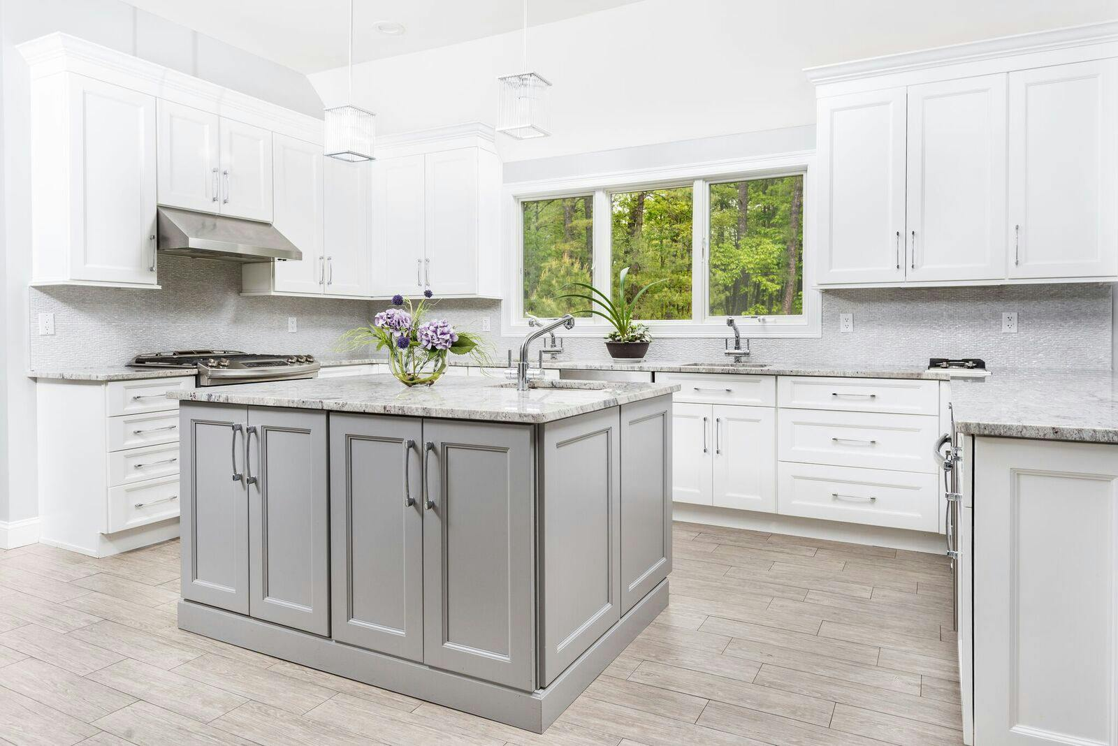 Grey wall with white Cabinets