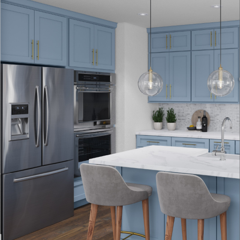 Light Blue or Powder Cabinets With Stainless Steel Appliances