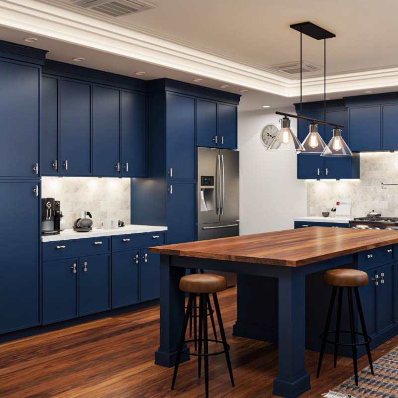 Navy Blue Cabinets With Stainless Steel Appliances