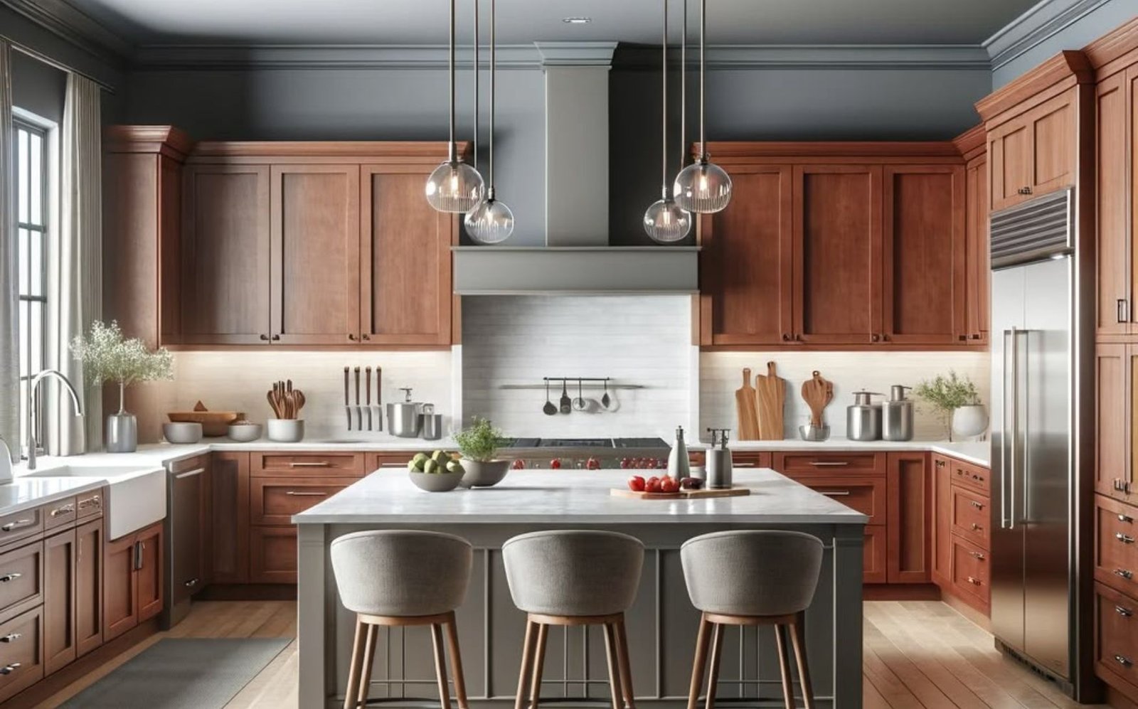 Warm Wood Cabinets With Gray Walls