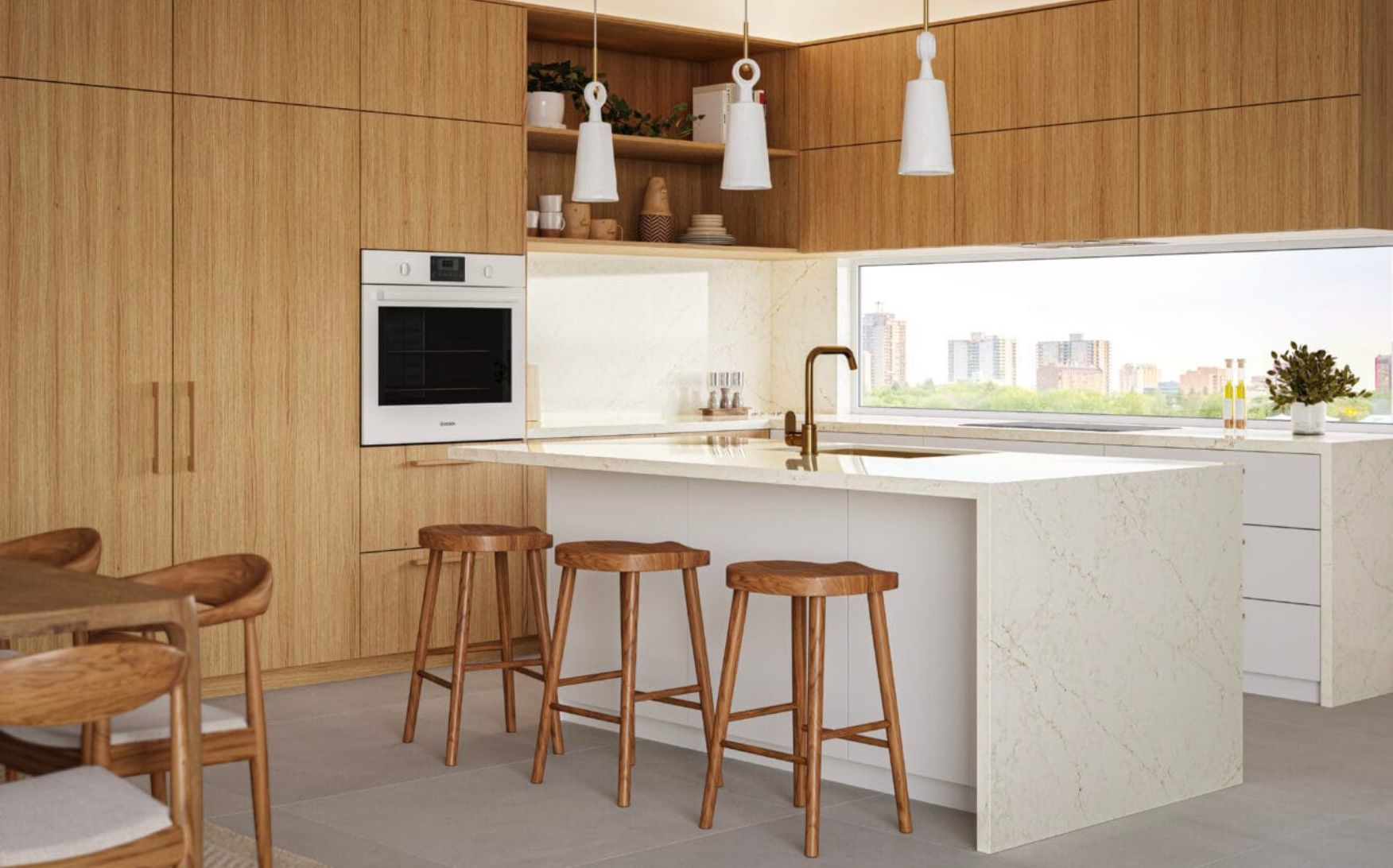 Quartz Countertops with Champagne Maple Shaker Cabinets